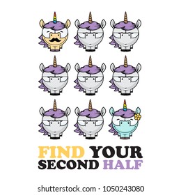 Vector romantic illustration with unicorn characters.