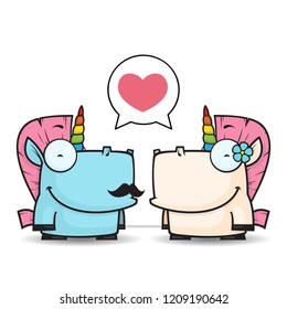 Vector romantic illustration with unicorn characters.