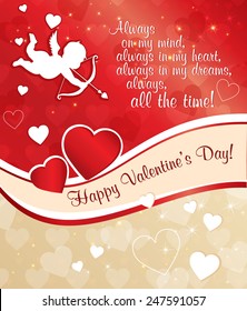 Vector romantic illustration. Valentine's Day greeting card with loving hearts, cupid and arrow