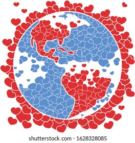 Vector romantic illustration of the World full of love. Planet earth collage of hearts. abundance of Love, joy and happiness symbol