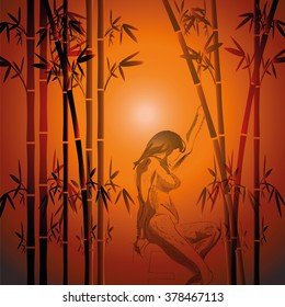Vector romantic landscape with bamboo trees and girl on background of sunset