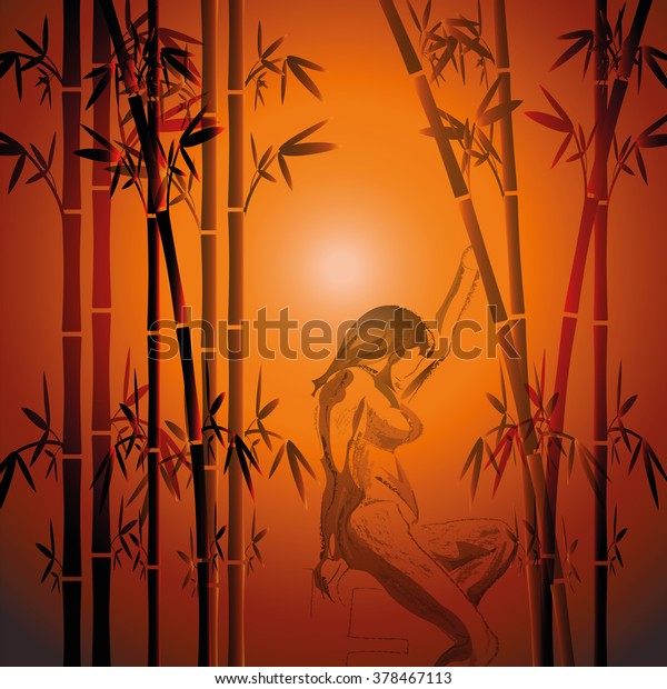 Vector romantic landscape with bamboo trees and girl on background of sunset