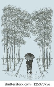 Vector romantic landscape. Couple with umbrella walking along the avenue in the rain