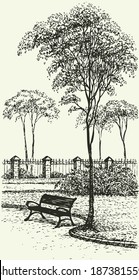 Vector romantic landscape. Sketch of old bench under a tall tree at park alley with a fence enclosing the garden 