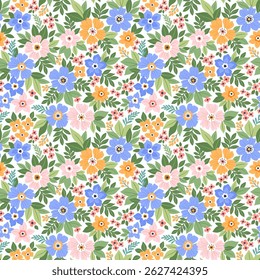 Vector romantic liberty floral seamless pattern. Flowers field floral pattern in soft and natural colors blue, pink, yellow. Beautiful digital textile seamless floral, white background. Stock print