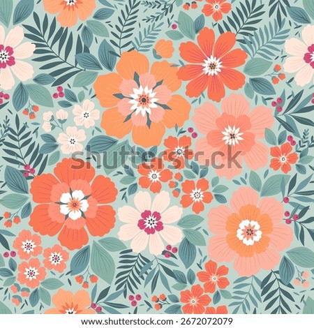 Vector romantic liberty floral seamless pattern. Flowers field floral pattern in pale pastel colors orang, ivory and coral. Beautiful digital textile seamless floral, blue green background. Stock 
