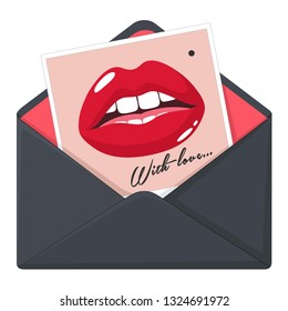 Vector romantic lips photo icon in black envelope. The photo shows red lips in a kiss and text: with LOVE ... Illustration of a romantic photo postcard in flat minimalism style.