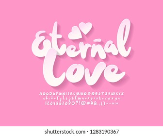 Vector romantic Logo Eternal Love with cute Font. Set of handwritten Alphabet Letters, Numbers and Symbols.