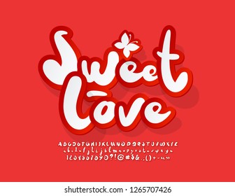 Vector romantic Logo Sweet Love with Handwritten Font. Set of Red and White Alphabet Letters, Numbers and Symbols.