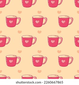 Vector romantic love background with hearts and a cup in pastel colors. Design for Valentine's Day. Template for website, fabric printing, postcards, linens, children's clothing and gift wrap, fashion