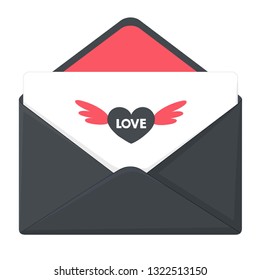 Vector romantic love envelope icon. Black mail envelope with a love letter. Illustration of envelope with heart in flat minimalism style.