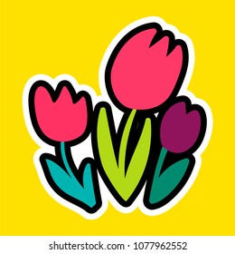 Vector Romantic Love Patch in doodle cartoon style. A bouquet of tulips. Girl fashion patchworks design. Nice cartoon sticker. Fun badge.