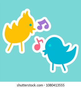 Vector Romantic Love Patch in doodle cartoon style. Birds couple sings song. Girl fashion patchworks design. Nice cartoon sticker. Fun badge.