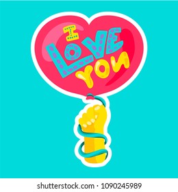 Vector Romantic Love Patch in doodle cartoon style. Ballon in view of heart in hand. Girl fashion patchworks design. Nice cartoon sticker. Fun badge.