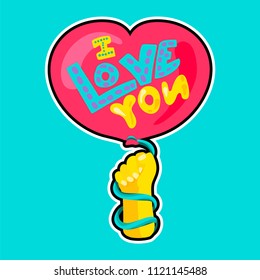 Vector Romantic Love Patch in doodle cartoon style. Ballon in view of heart in hand. Girl fashion patchworks design. Nice cartoon sticker. Fun badge.