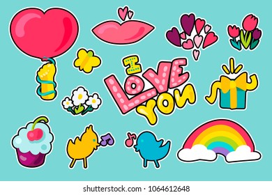 Vector Romantic Love Patches Set in doodle style with shape. Girl fashion patchworks design. Nice cartoon stickers. Fun badges.