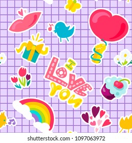 Vector Romantic Love Seamless Pattern in doodle style with shape. Girl fashion ornament. Nice cartoon background. Fun backdrop.