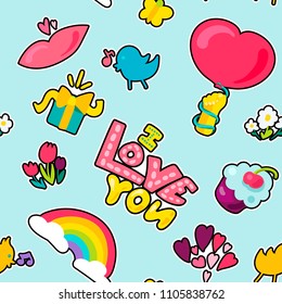 Vector Romantic Love Seamless Pattern in doodle style with shape. Girl fashion ornament. Nice cartoon background. Fun backdrop.