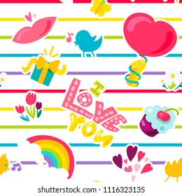 Vector Romantic Love Seamless Pattern in doodle style with shape. Girl fashion ornament. Nice cartoon background. Fun backdrop.