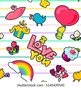 Vector Romantic Love Seamless Pattern in doodle style with shape. Girl fashion ornament. Nice cartoon background. Fun backdrop.
