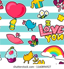 Vector Romantic Love Seamless Pattern in doodle style with shape. Girl fashion ornament. Nice cartoon background. Fun backdrop.