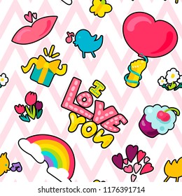 Vector Romantic Love Seamless Pattern in doodle style with shape. Girl fashion ornament. Nice cartoon background. Fun backdrop.