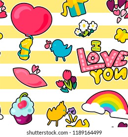 Vector Romantic Love Seamless Pattern in doodle style with shape. Girl fashion ornament. Nice cartoon background. Fun backdrop.