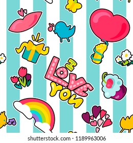 Vector Romantic Love Seamless Pattern in doodle style with shape. Girl fashion ornament. Nice cartoon background. Fun backdrop.