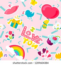 Vector Romantic Love Seamless Pattern in doodle style with shape. Girl fashion ornament. Nice cartoon background. Fun backdrop.