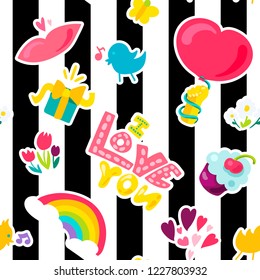 Vector Romantic Love Seamless Pattern in doodle style with shape. Girl fashion ornament. Nice cartoon background. Fun backdrop.