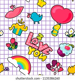 Vector romantic love symbols and patch I love you and girl fashion patchworks design. Isolated images of love and heart or rainbow and twit