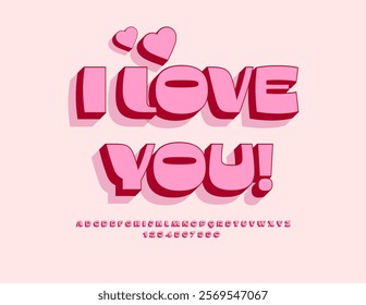 Vector romantic message I Love You with decorative Heart. Beautiful Pink 3D Font. Trendy Elegant Alphabet Letters and Numbers set.