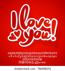 Vector romantic modern card I love you with hearts. Set of Alphabet Letters, Numbers and Punctuation Symbols