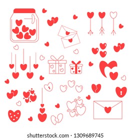 vector romantic outline icons set, hearts and envelopes, arrows, gifts