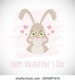 Vector Romantic Pastel Greeting Card. Cute Funny Bunny in Love. Text Happy Valentines Day. Rabbit with Hearts. Cartoon Animal Character.