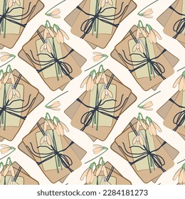 Vector romantic pattern with snowdrops and lettersn in delicate colors. Vintage style. Hand drawing, line and spot. Cold green, pink.  
For the design of postcards, paper, invitations, textil.