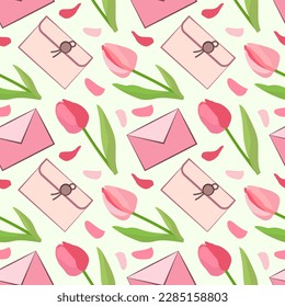 Vector romantic pattern with tulips and lettersn in delicate colors. Spring flower. Hand drawing. Cold green, pink. It can be used for the design of postcards, magazines, invitations, textil, fasion