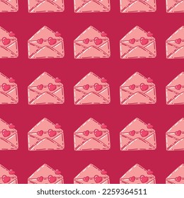 Vector romantic pink love background with an envelope with hearts. Love confession design. Pattern for the site, printing on fabric, postcards, bed linen, children's clothing, and gift wrapping.