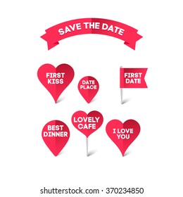 Vector romantic pins for saving the date: First date, First kiss, I love you etc.