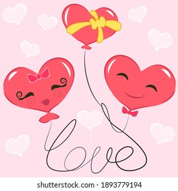 Vector romantic postcard. Characters boy and girl in the form of heart-shaped balloons. The boy gives the girl a gift balloon. The interlacing of the strings of the balloons forms the word love