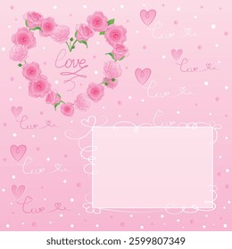 Vector romantic postcard: on a gradient pink background, a heart of roses with the word "love" written inside, a beautiful frame for wishes and signatures, decorative elements with the words love.