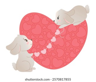 Vector romantic poster with adorable bunnies and pink heart. Cute Valentine s day greeting card. Funny characters