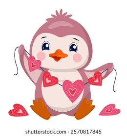 Vector romantic poster with funny penguin with hearts garland. Cute Valentine s day greeting card. Funny characters