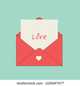 Vector romantic red envelope. In the envelope is a card with a heart. Illustration of a love letter. Happy Valentines' Day.