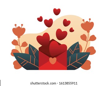Vector romantic red envelope with hearts and flowers icon. Icon of a love letter in flat style.