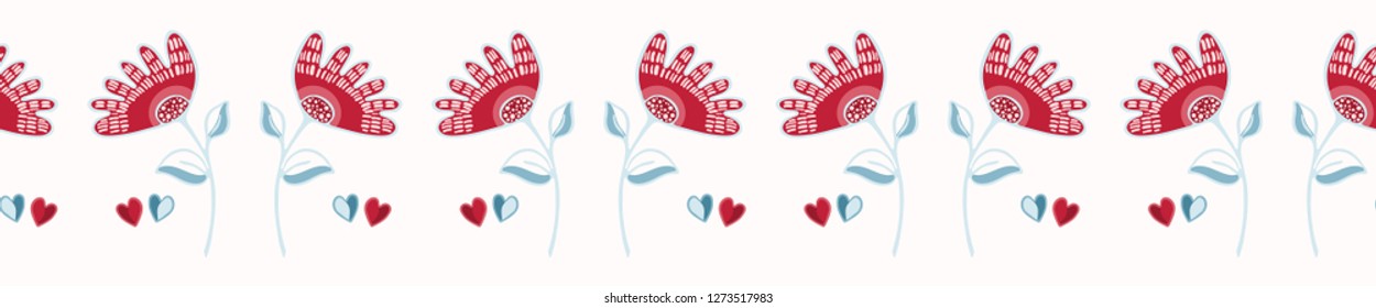 Vector romantic red folk flower with love hearts. Seamless vector border. Hand drawn illustration for St Valentines Day, wedding banner ribbon, lovers day in cute kawaii style.
