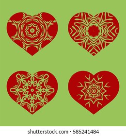 Vector Romantic Red Heart Set Isolated on Green Background. Image Suitable for Laser Cutting. Symbol of Valentines Day.