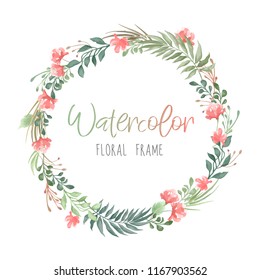 Vector romantic round floral frame with plants and flowers in watercolor style isolated on white background - great for invitation or greeting cards 