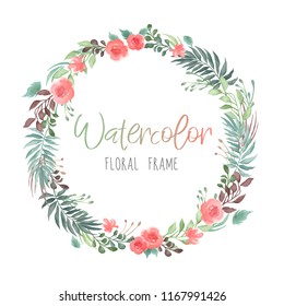 Vector romantic round floral frame with plants and flowers in watercolor style isolated on white background - great for invitation or greeting cards 