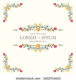 Vector romantic round floral frame and corner with plants and flowers in flat style isolated on white background suitable for invitation or greeting cards etc.